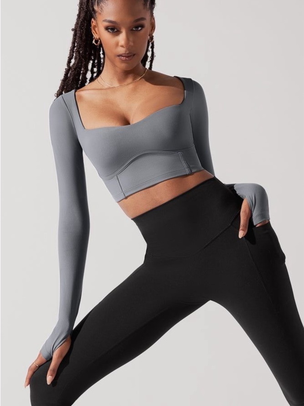 Popflex Sweetheart Long Sleeve Crop Top in Grey Size Medium